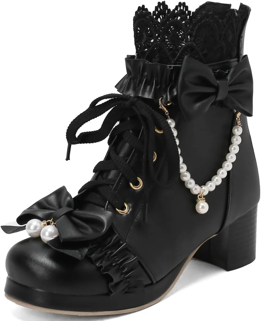 DINTAHA Kawaii Shoes For Women,Goth Lolita Platform Boots,Bow Ankle Boots Cute Sweet Cosplay Shoes