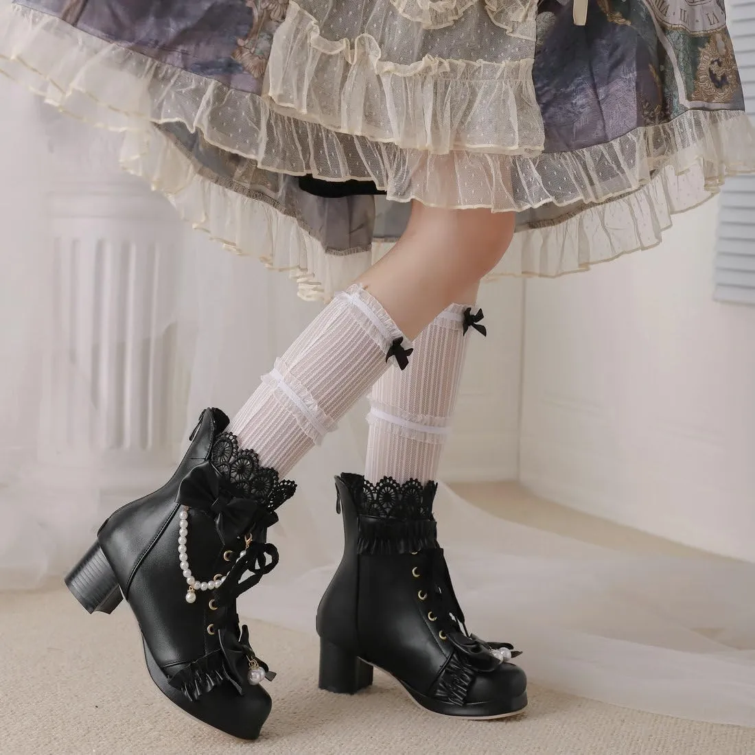 DINTAHA Kawaii Shoes For Women,Goth Lolita Platform Boots,Bow Ankle Boots Cute Sweet Cosplay Shoes