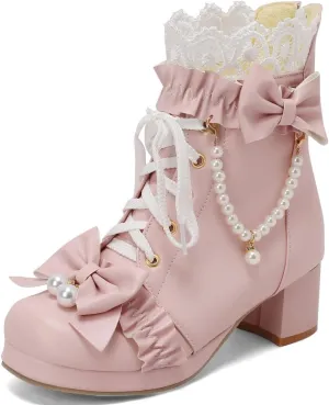 DINTAHA Kawaii Shoes For Women,Goth Lolita Platform Boots,Bow Ankle Boots Cute Sweet Cosplay Shoes