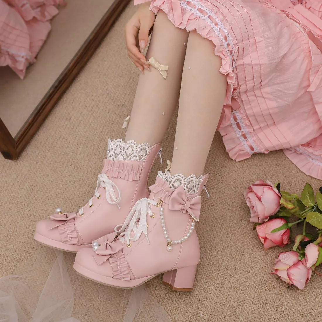 DINTAHA Kawaii Shoes For Women,Goth Lolita Platform Boots,Bow Ankle Boots Cute Sweet Cosplay Shoes