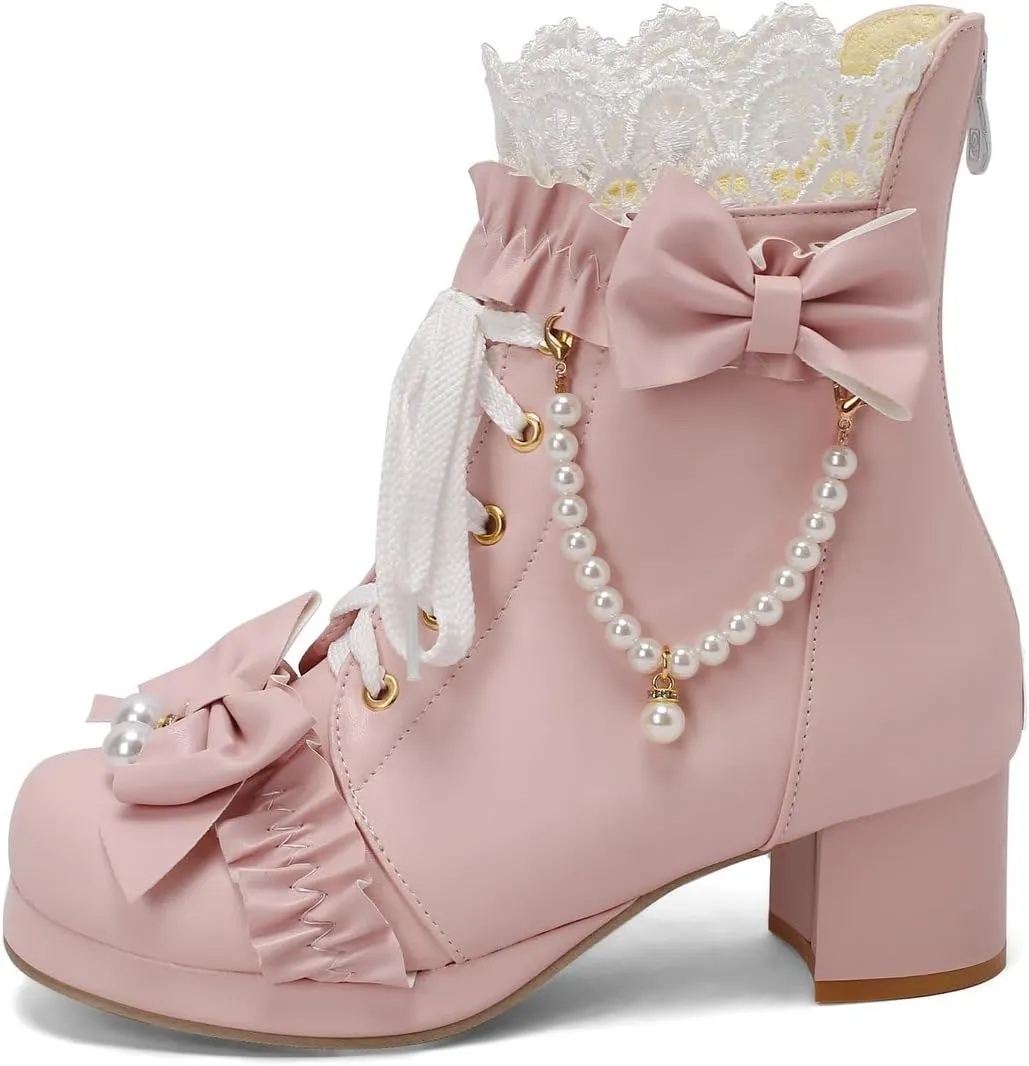 DINTAHA Kawaii Shoes For Women,Goth Lolita Platform Boots,Bow Ankle Boots Cute Sweet Cosplay Shoes