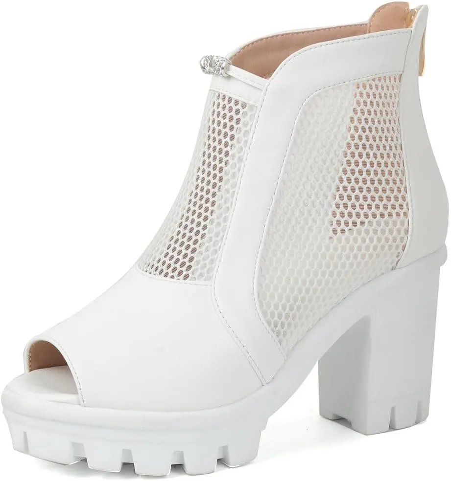 DINTAHA Mesh Open Toe Booties For Women Block Heel Platform Peep Toe Ankle Boots Summer Boots