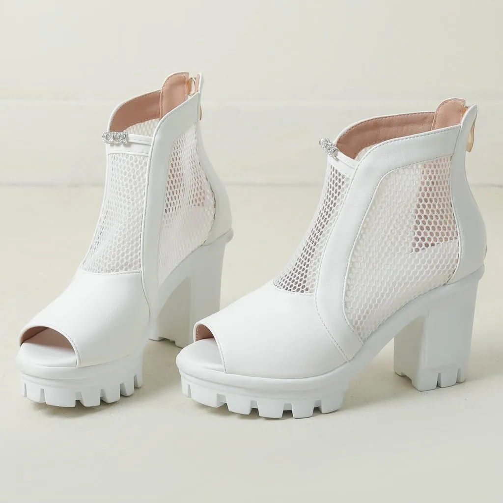 DINTAHA Mesh Open Toe Booties For Women Block Heel Platform Peep Toe Ankle Boots Summer Boots