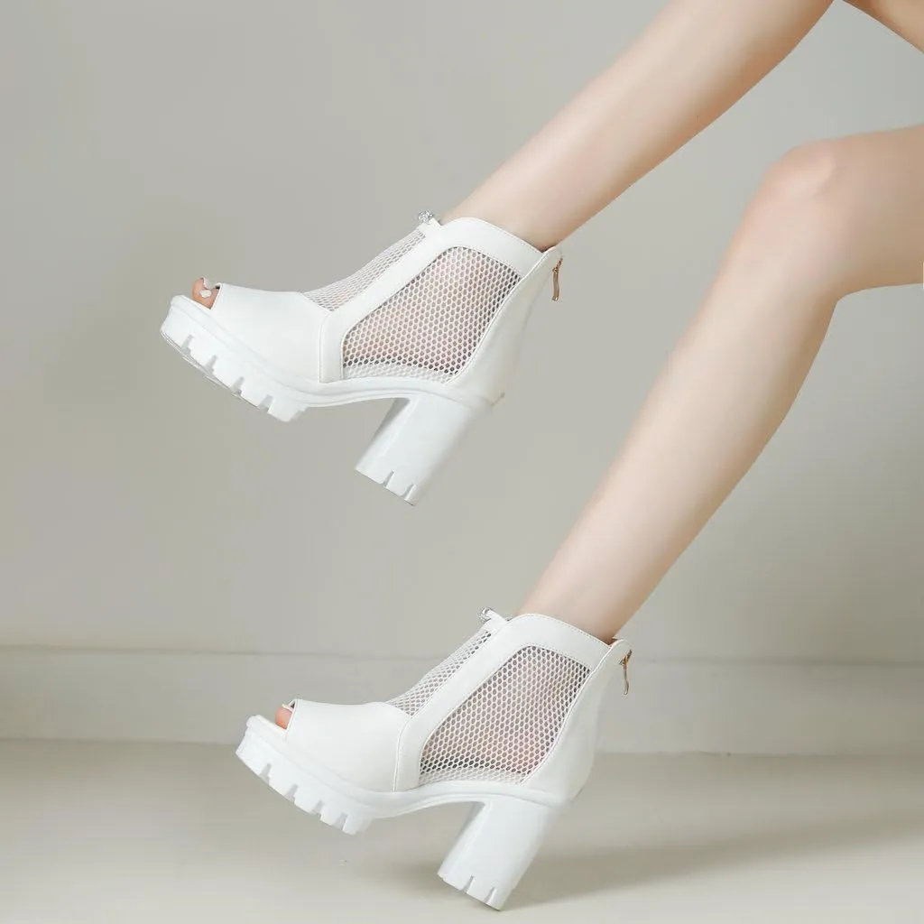 DINTAHA Mesh Open Toe Booties For Women Block Heel Platform Peep Toe Ankle Boots Summer Boots
