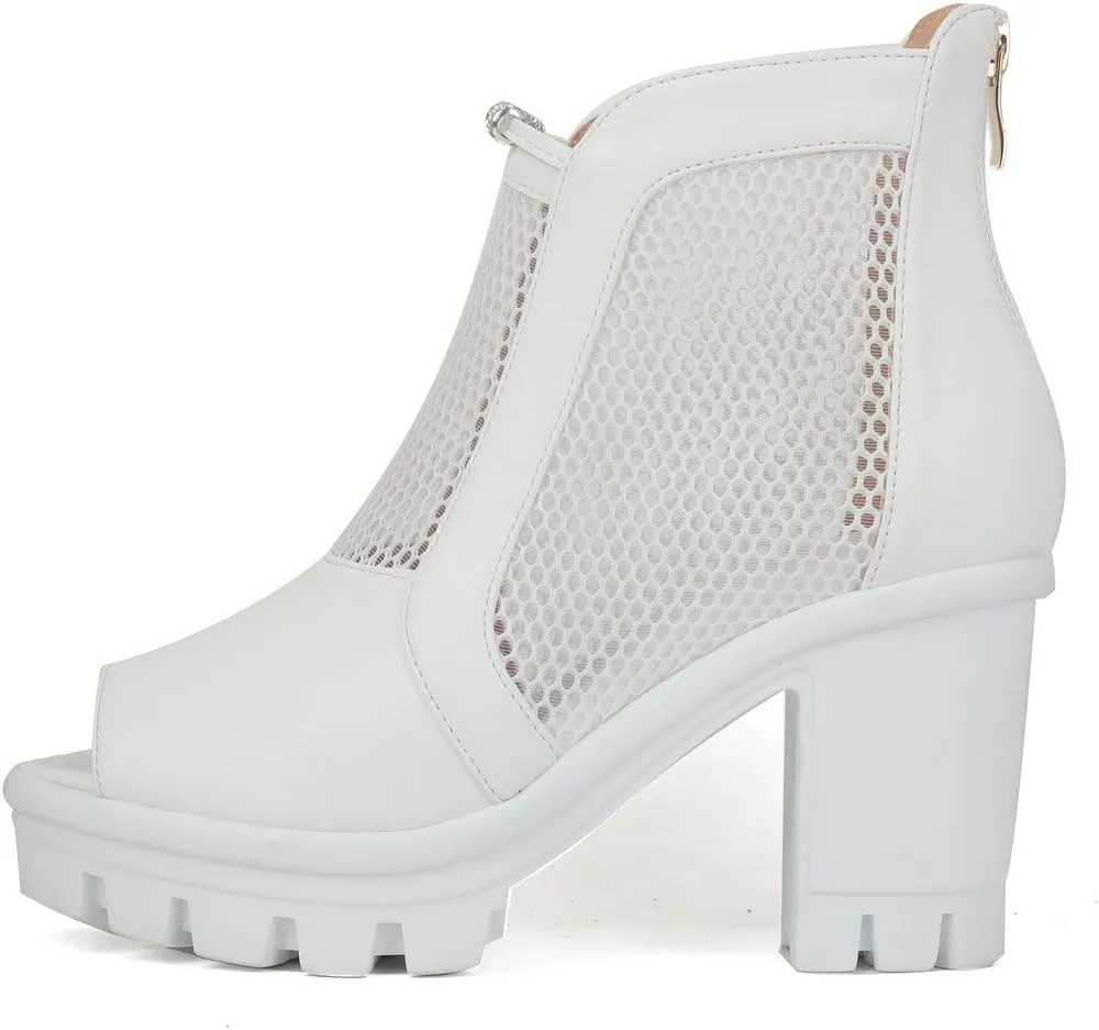 DINTAHA Mesh Open Toe Booties For Women Block Heel Platform Peep Toe Ankle Boots Summer Boots