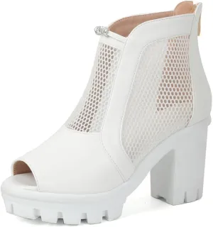 DINTAHA Mesh Open Toe Booties For Women Block Heel Platform Peep Toe Ankle Boots Summer Boots