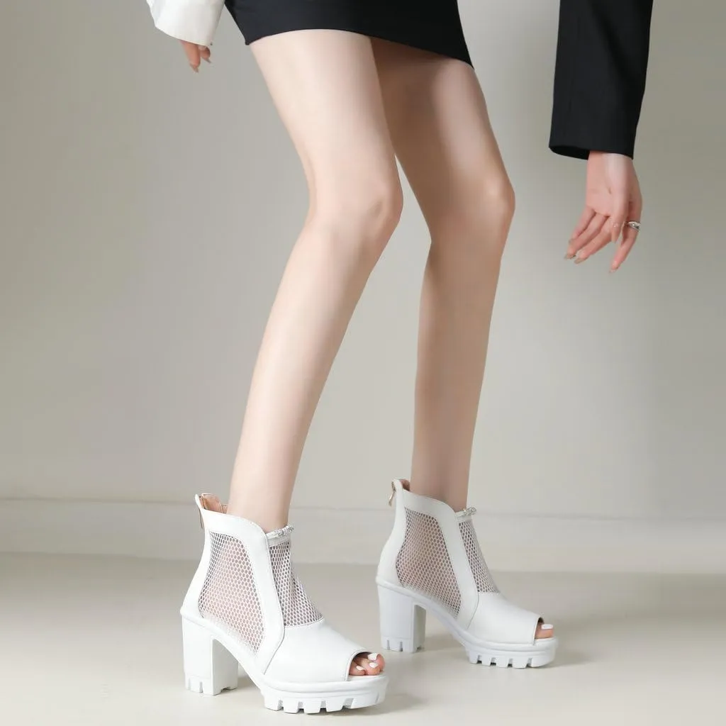DINTAHA Mesh Open Toe Booties For Women Block Heel Platform Peep Toe Ankle Boots Summer Boots