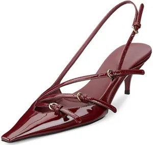 Divanne Slingback Heels for Women, Pointed Toe Kitten Heels Pumps Multi-Buckle Sling Back Shoes Low Heel Sandals Evening Party Wedding Shoes