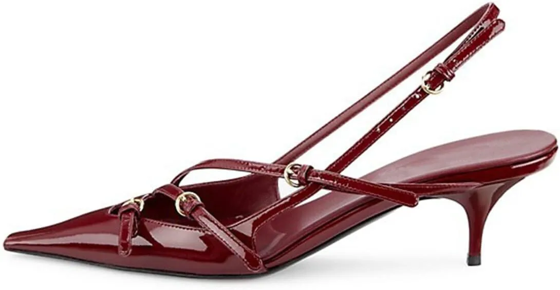 Divanne Slingback Heels for Women, Pointed Toe Kitten Heels Pumps Multi-Buckle Sling Back Shoes Low Heel Sandals Evening Party Wedding Shoes