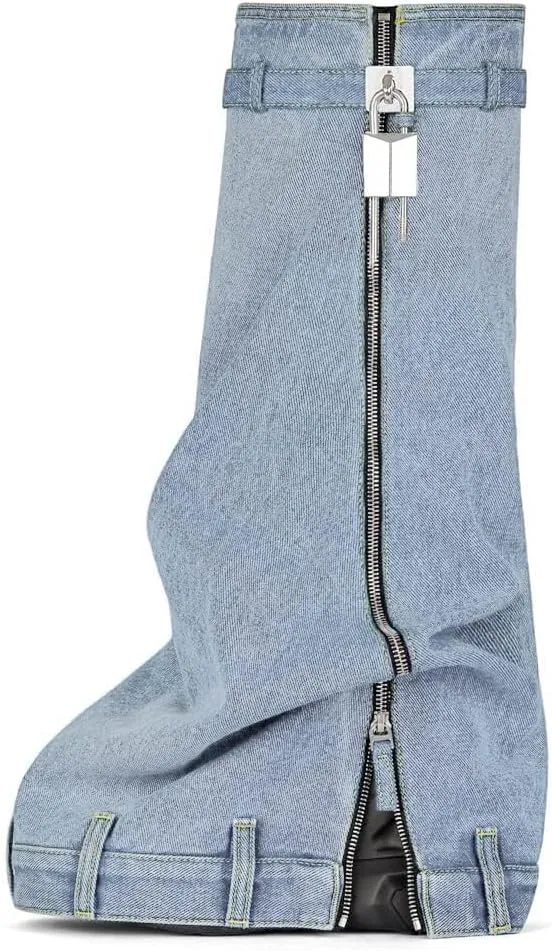 DOEYG Denim Boots Fold over Knee High Boots Round Toe Wedges Padlock Boots with Side Zipper
