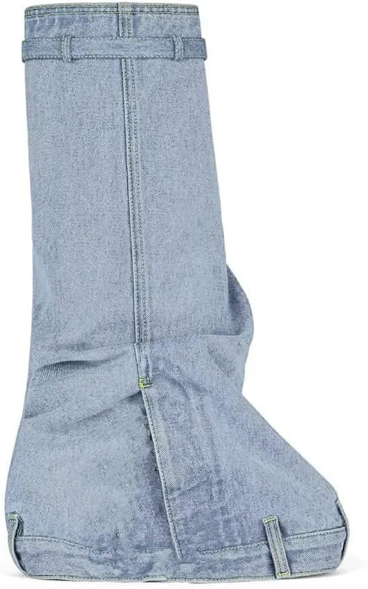 DOEYG Denim Boots Fold over Knee High Boots Round Toe Wedges Padlock Boots with Side Zipper