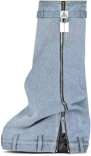 DOEYG Denim Boots Fold over Knee High Boots Round Toe Wedges Padlock Boots with Side Zipper
