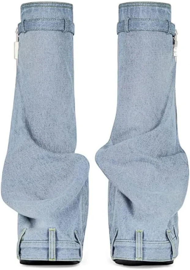 DOEYG Denim Boots Fold over Knee High Boots Round Toe Wedges Padlock Boots with Side Zipper