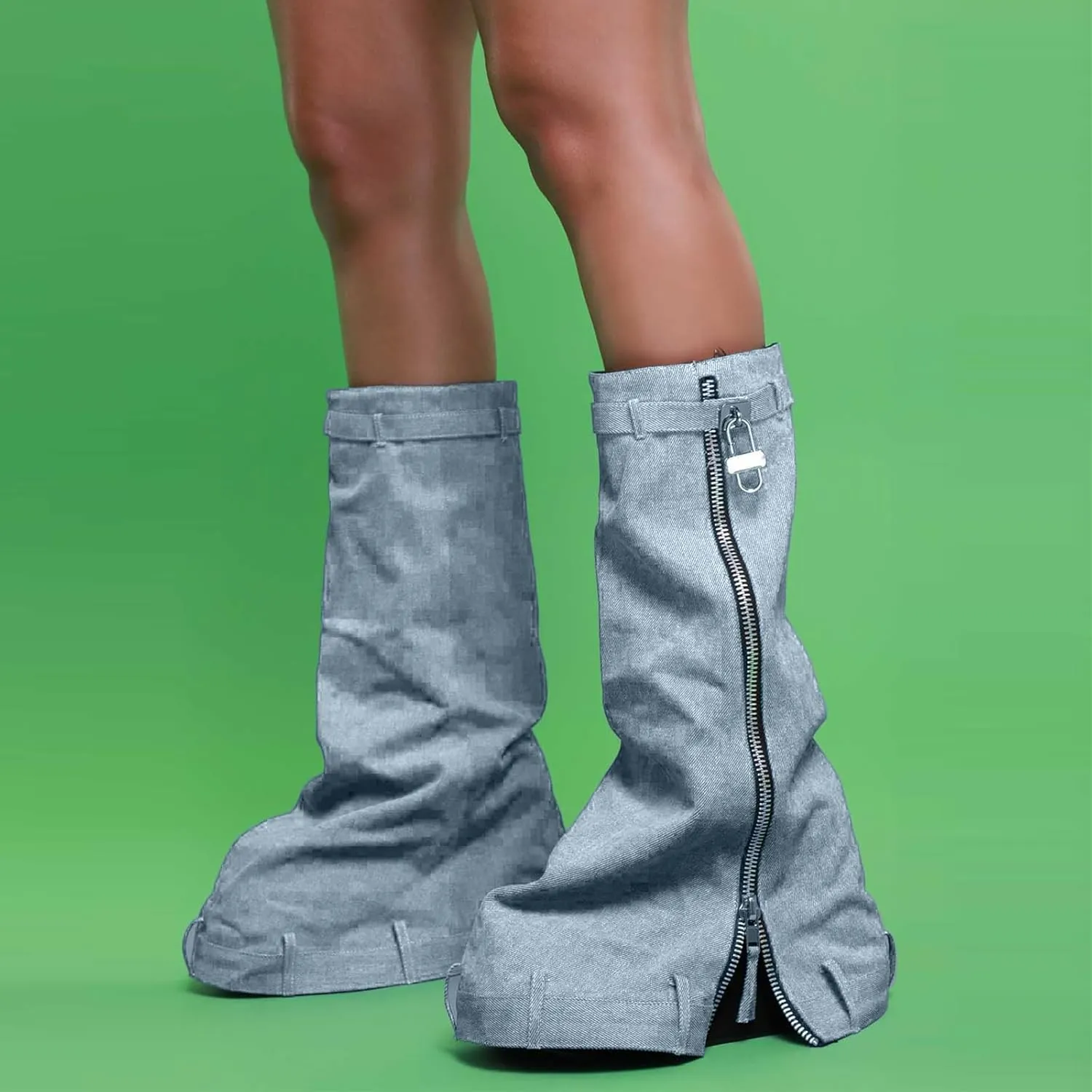 DOEYG Denim Boots Fold over Knee High Boots Round Toe Wedges Padlock Boots with Side Zipper
