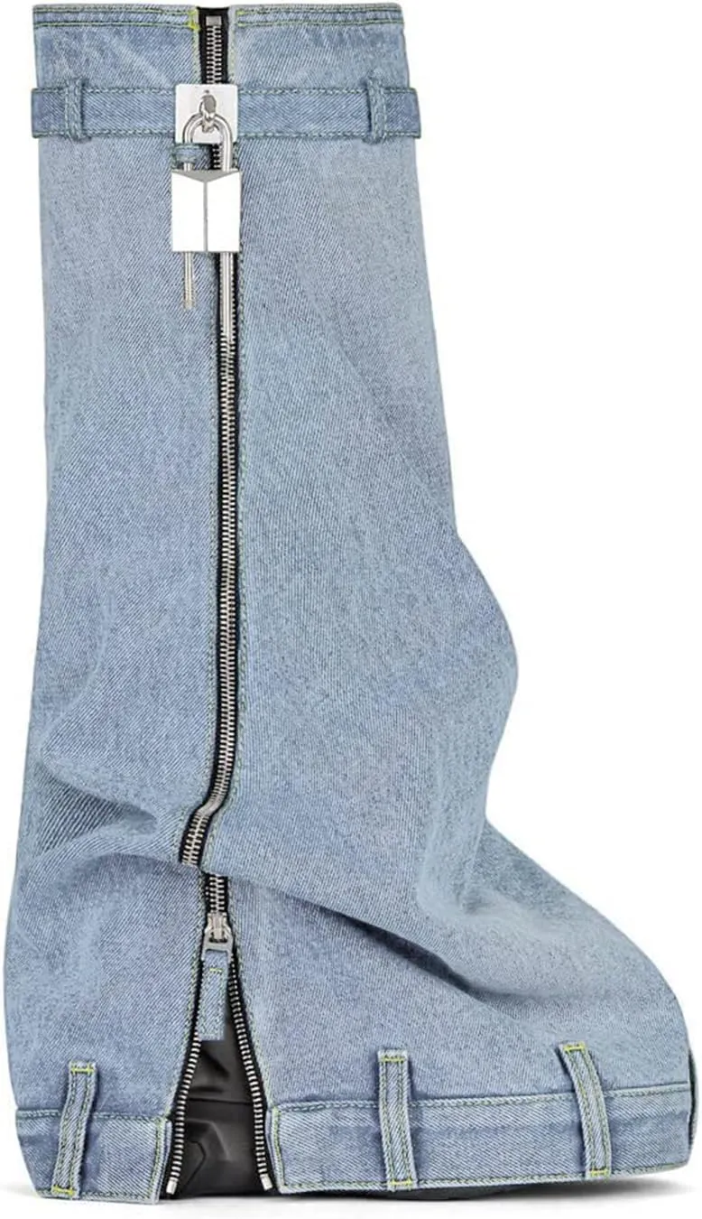 DOEYG Denim Boots Fold over Knee High Boots Round Toe Wedges Padlock Boots with Side Zipper