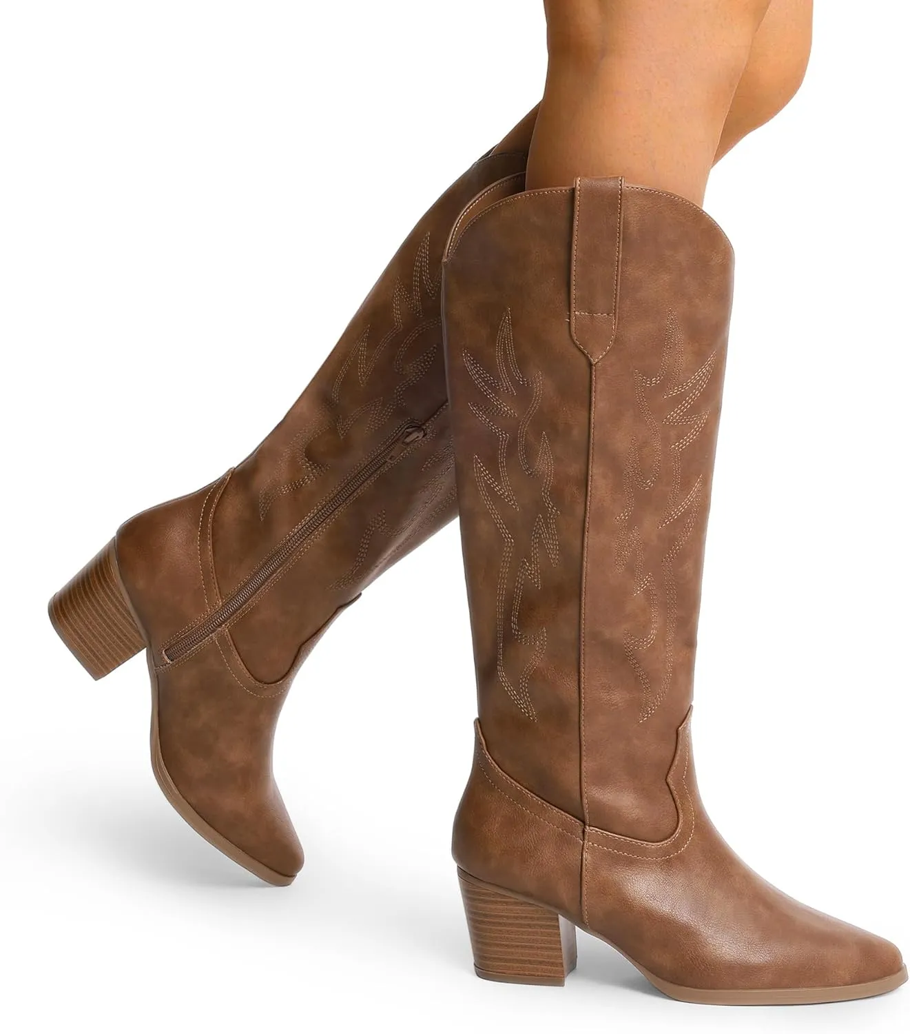 DREAM PAIRS Cowboy Boots for Women Cowgirl Knee High Boots Comfortable Pull On Zipper Chunky Heel Pointed Toe Embroidered Western Boots