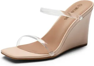 DREAM PAIRS Women's Slides Wedge Sandals Two Strap Square Open Toe Dress Shoes