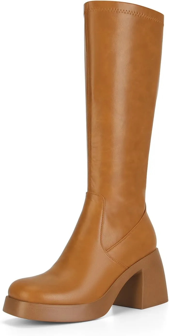 Dsevht Dark Red Leather Knee High Boots for Women Platform Chunky Block Heeled Burgundy Boots Square Toe and Side Zipper Design Fashion Dress 70s Gogo Boots