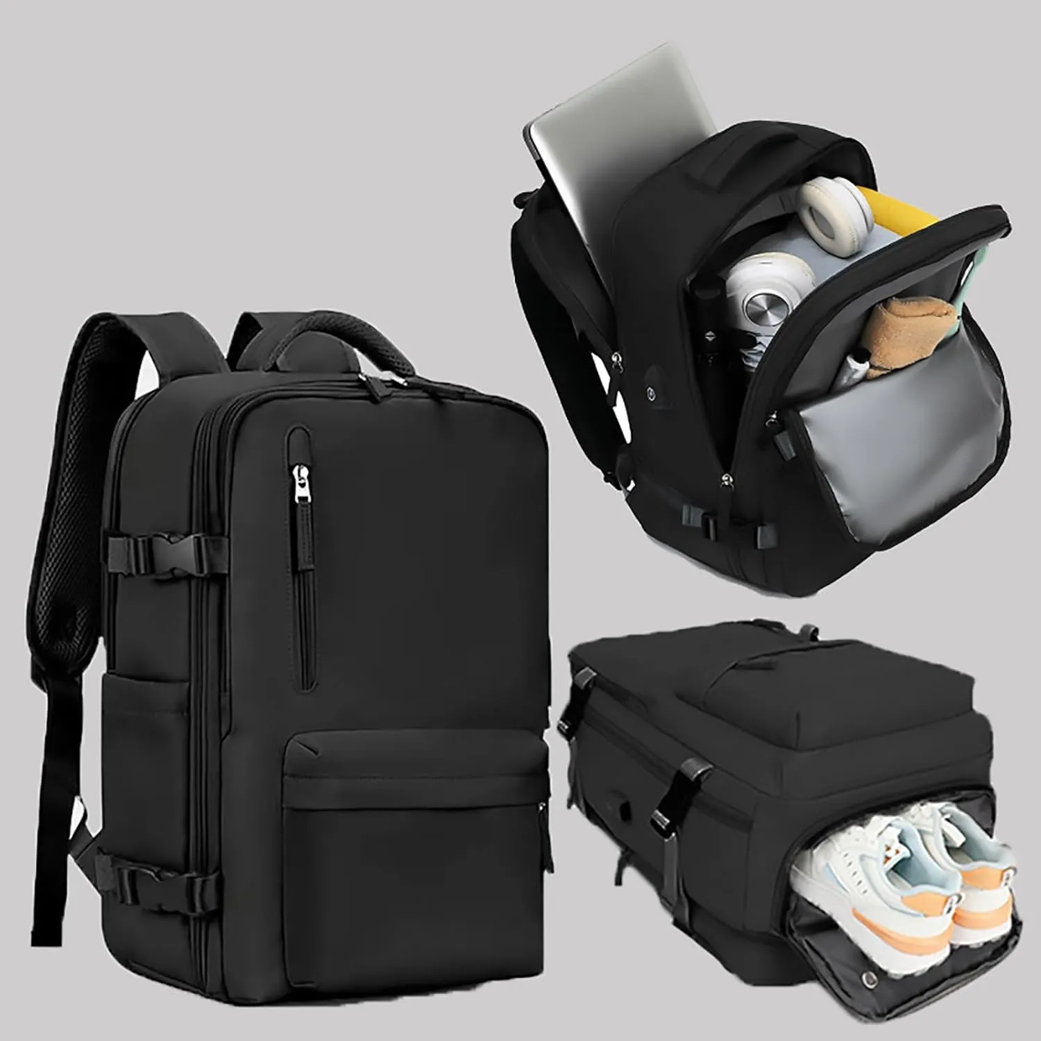Easypacker Travel Backpack for Women Men, Easy Packer 35L Travel Bag, Expandable Waterproof with Shoe Compartment & USB Hole (Black)