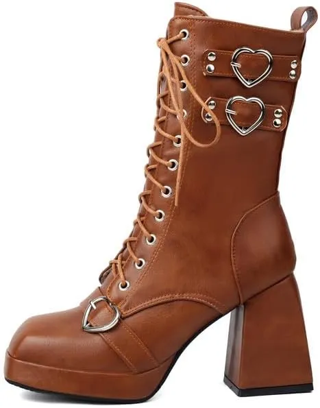 Elbslutt Goth Platform Boots for Women Lace up Chunky High Heels Combat Ankle Boots Square Toe GOGO Boots Gothic Ankle Booties Block Heel Buckle Punk Shoes