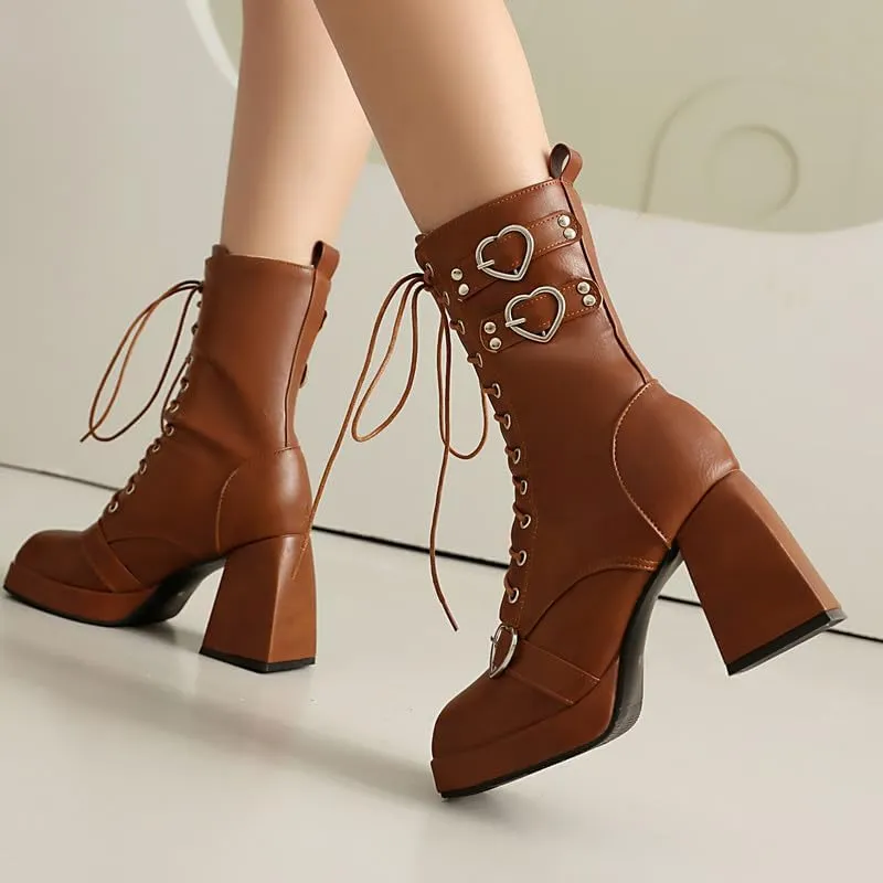 Elbslutt Goth Platform Boots for Women Lace up Chunky High Heels Combat Ankle Boots Square Toe GOGO Boots Gothic Ankle Booties Block Heel Buckle Punk Shoes