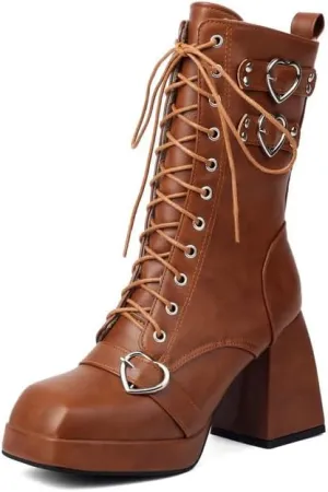 Elbslutt Goth Platform Boots for Women Lace up Chunky High Heels Combat Ankle Boots Square Toe GOGO Boots Gothic Ankle Booties Block Heel Buckle Punk Shoes