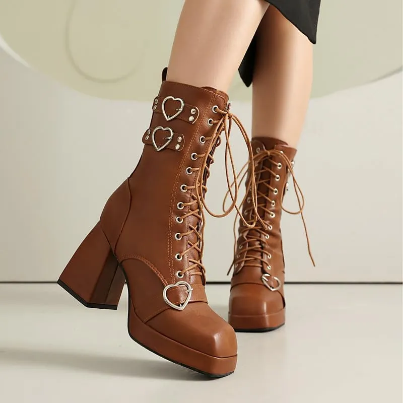 Elbslutt Goth Platform Boots for Women Lace up Chunky High Heels Combat Ankle Boots Square Toe GOGO Boots Gothic Ankle Booties Block Heel Buckle Punk Shoes
