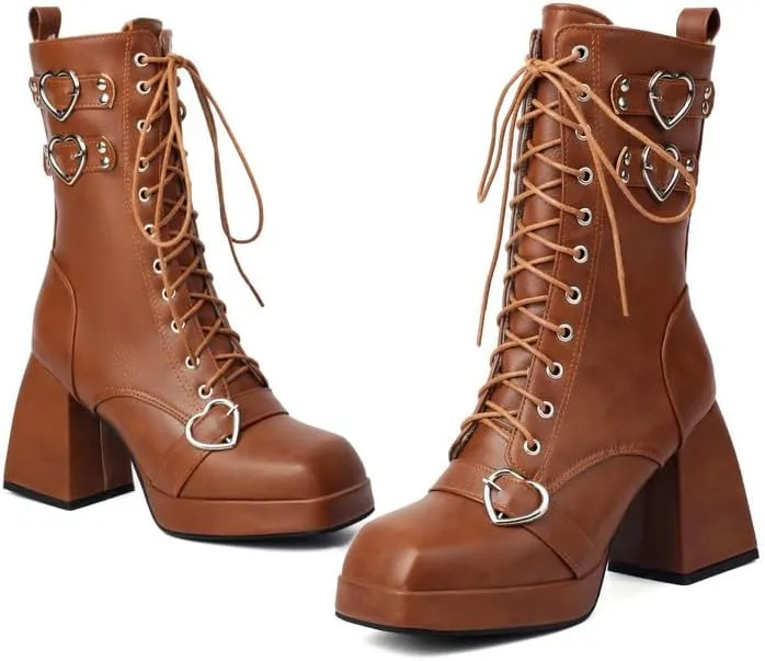 Elbslutt Goth Platform Boots for Women Lace up Chunky High Heels Combat Ankle Boots Square Toe GOGO Boots Gothic Ankle Booties Block Heel Buckle Punk Shoes