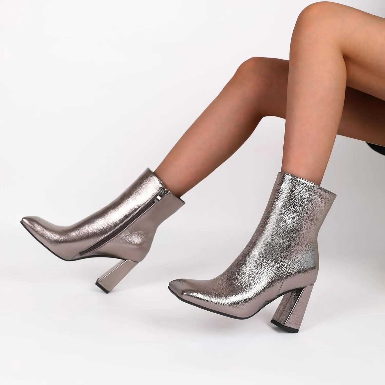 Eldof Square Toe Ankle Boots for Women Block Heel Chunky Gogo Boots High Heeled Short Booties Side Zipper 3 Inches