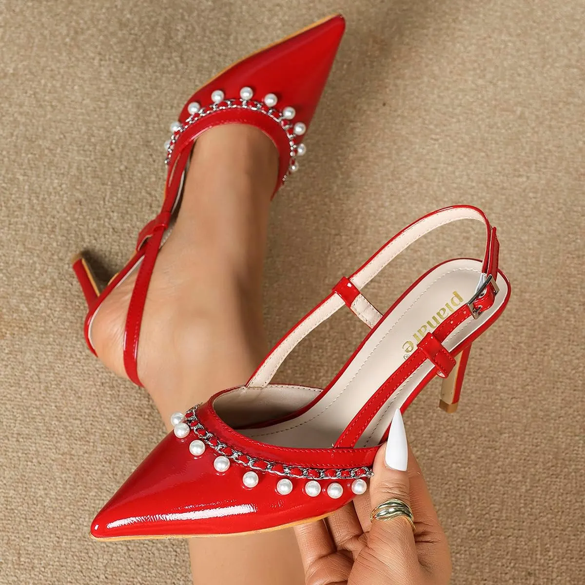 Elegant Red High Heel Sandals for Women – Glossy Pointed-Toe Party Shoes with Adjustable Ankle Strap, Pearl Accents & Slender Heels for Weddings, Banquets & Special Occasions