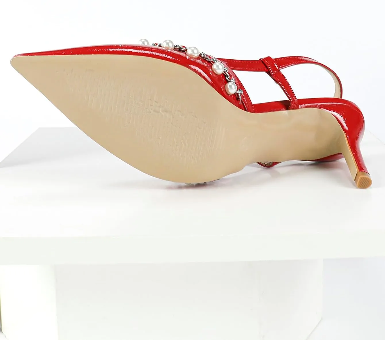 Elegant Red High Heel Sandals for Women – Glossy Pointed-Toe Party Shoes with Adjustable Ankle Strap, Pearl Accents & Slender Heels for Weddings, Banquets & Special Occasions