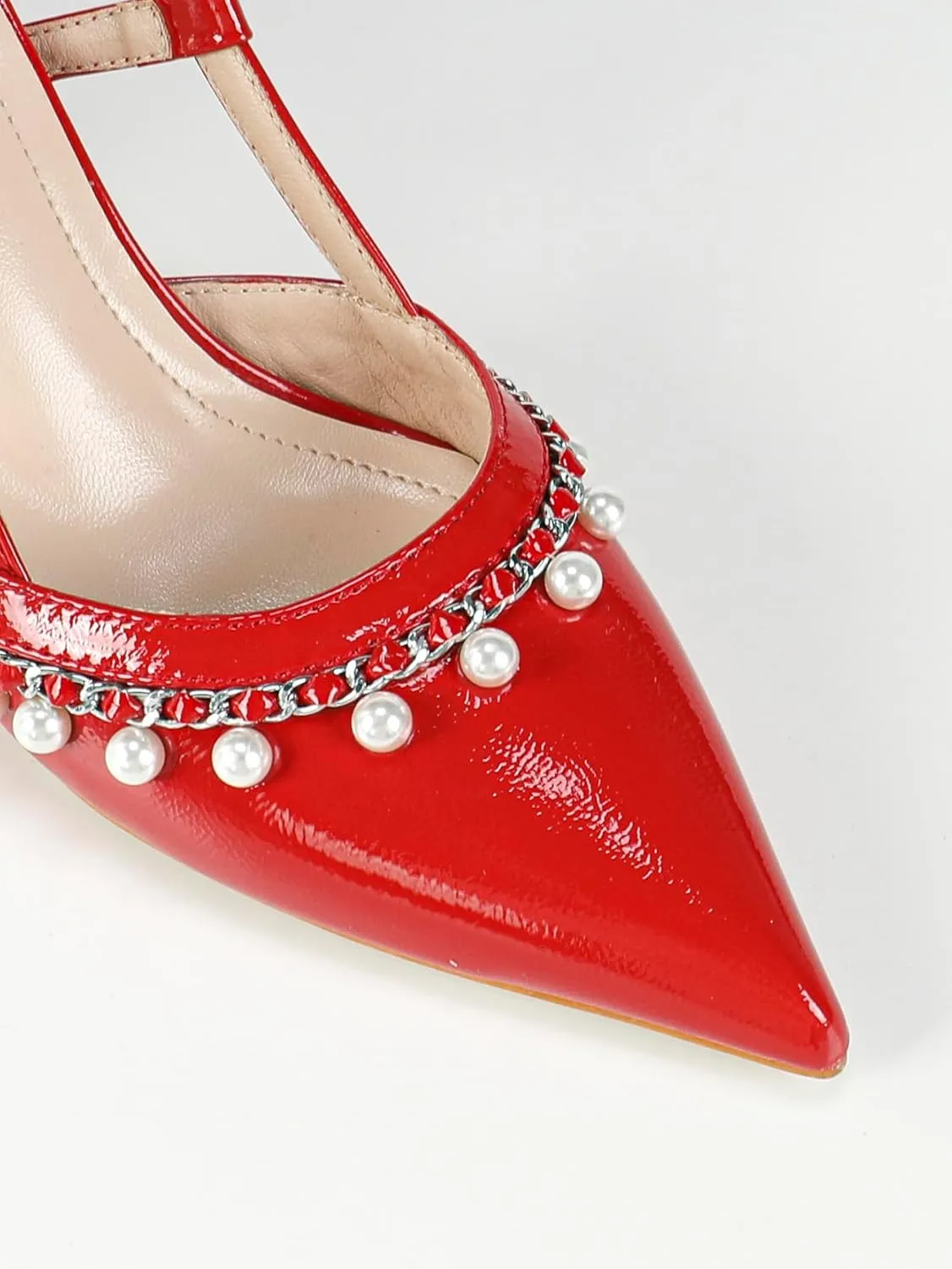 Elegant Red High Heel Sandals for Women – Glossy Pointed-Toe Party Shoes with Adjustable Ankle Strap, Pearl Accents & Slender Heels for Weddings, Banquets & Special Occasions