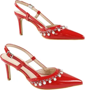 Elegant Red High Heel Sandals for Women – Glossy Pointed-Toe Party Shoes with Adjustable Ankle Strap, Pearl Accents & Slender Heels for Weddings, Banquets & Special Occasions