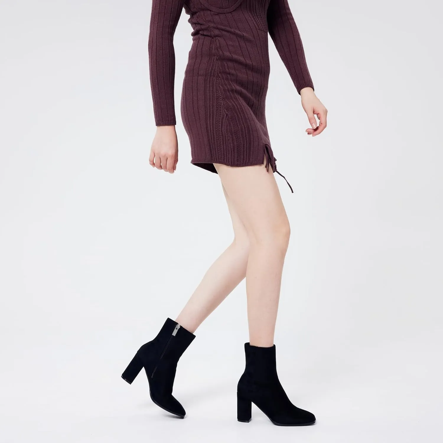 Elisabet Tang Women Ankle Boots 3 Inch Chunky Heel Side Zipper Ankle Booties with Square Toe