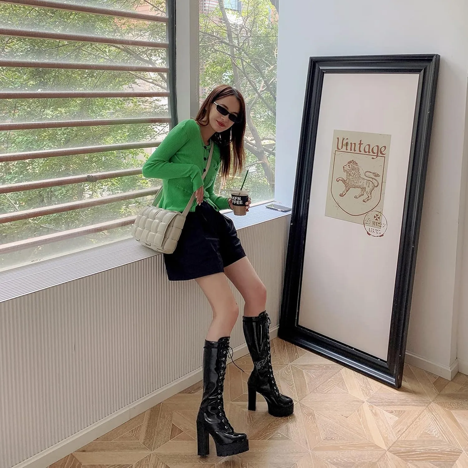 Erocalli Knee High Boots Lace up Military Combat Boots for Women Gothic Buckle Motorcycle Boot