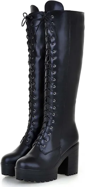 Erocalli Knee High Boots Lace up Military Combat Boots for Women Gothic Buckle Motorcycle Boot