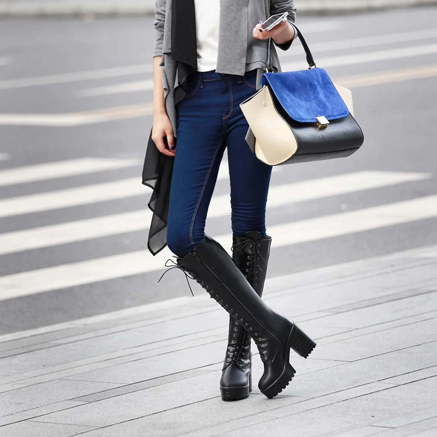 Erocalli Knee High Boots Lace up Military Combat Boots for Women Gothic Buckle Motorcycle Boot