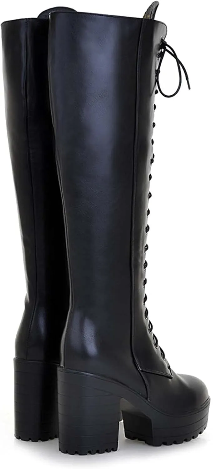 Erocalli Knee High Boots Lace up Military Combat Boots for Women Gothic Buckle Motorcycle Boot
