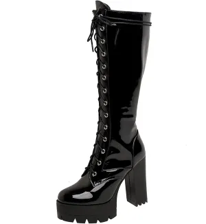 Erocalli Knee High Boots Lace up Military Combat Boots for Women Gothic Buckle Motorcycle Boot