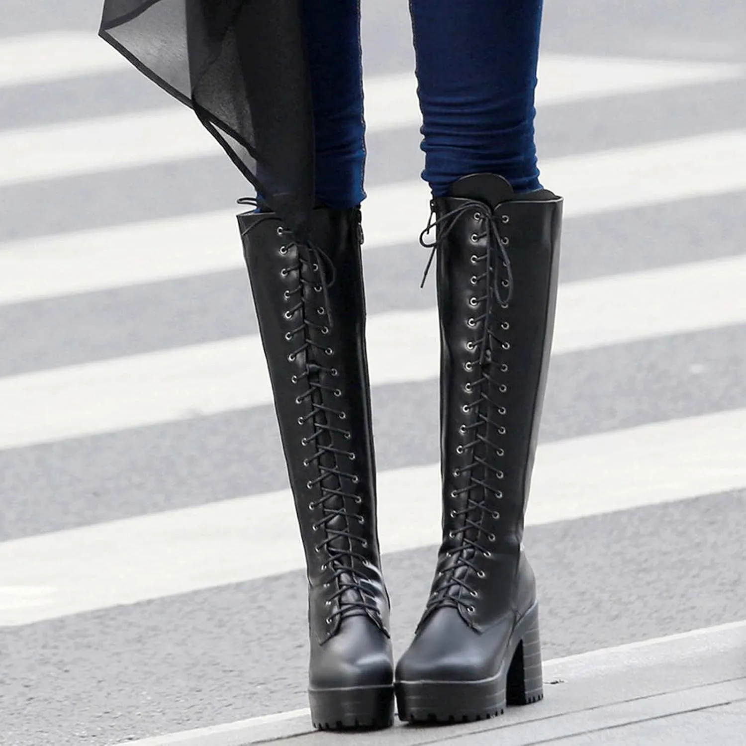 Erocalli Knee High Boots Lace up Military Combat Boots for Women Gothic Buckle Motorcycle Boot