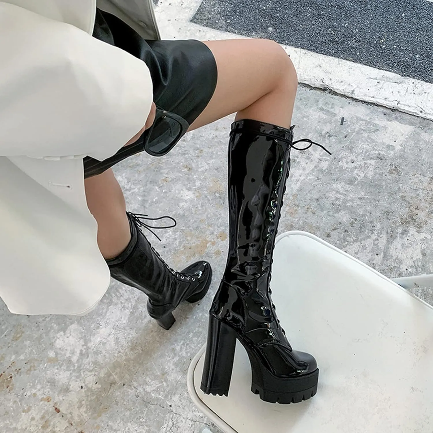 Erocalli Knee High Boots Lace up Military Combat Boots for Women Gothic Buckle Motorcycle Boot