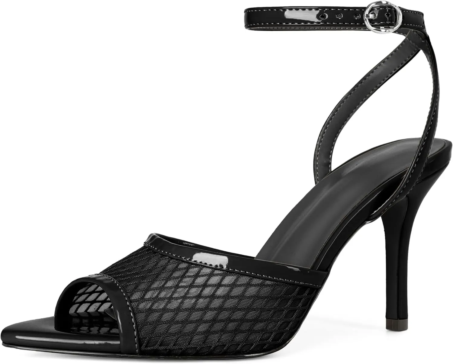 Esvowido Womens Mesh Heeled Sandals Pointed Peep Toe Ankle Strap 3.5 Inch Stiletto Heels for Wedding Office Party