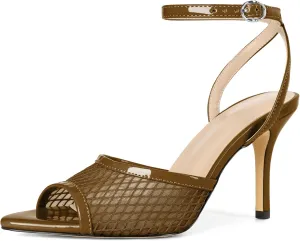 Esvowido Womens Mesh Heeled Sandals Pointed Peep Toe Ankle Strap 3.5 Inch Stiletto Heels for Wedding Office Party