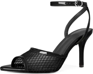 Esvowido Womens Mesh Heeled Sandals Pointed Peep Toe Ankle Strap 3.5 Inch Stiletto Heels for Wedding Office Party