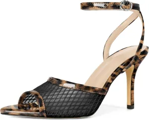 Esvowido Womens Mesh Heeled Sandals Pointed Peep Toe Ankle Strap 3.5 Inch Stiletto Heels for Wedding Office Party