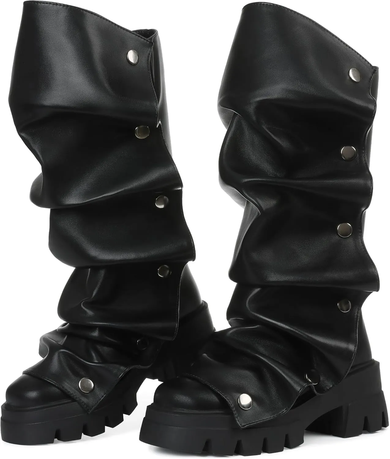 Eteridrey Fold Over Boots for Women Rounded Toe Mid Calf Pull up Platform Chunky Boots for Party Dress