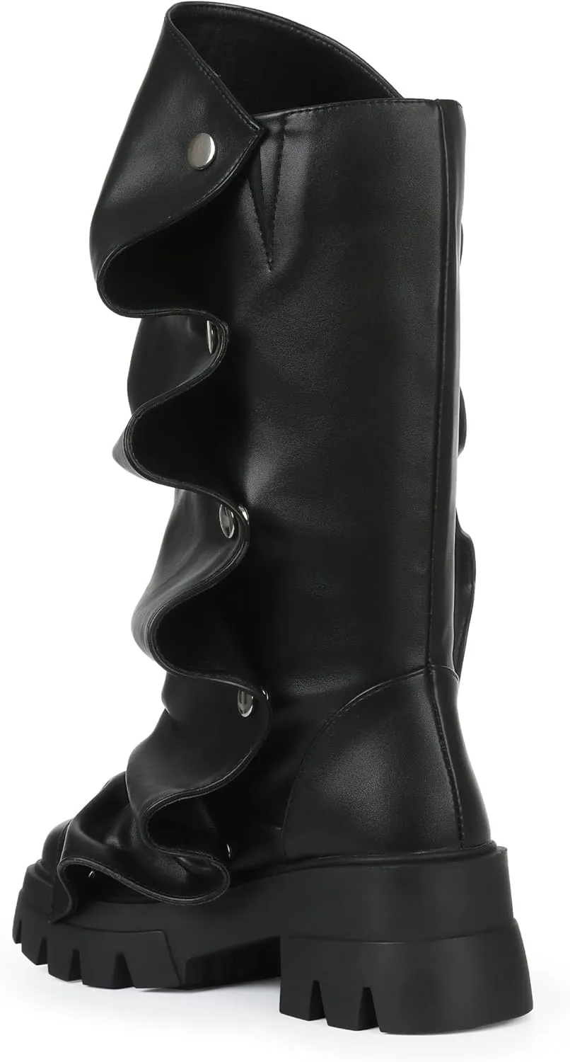 Eteridrey Fold Over Boots for Women Rounded Toe Mid Calf Pull up Platform Chunky Boots for Party Dress