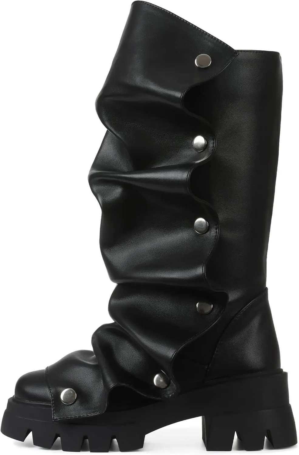 Eteridrey Fold Over Boots for Women Rounded Toe Mid Calf Pull up Platform Chunky Boots for Party Dress