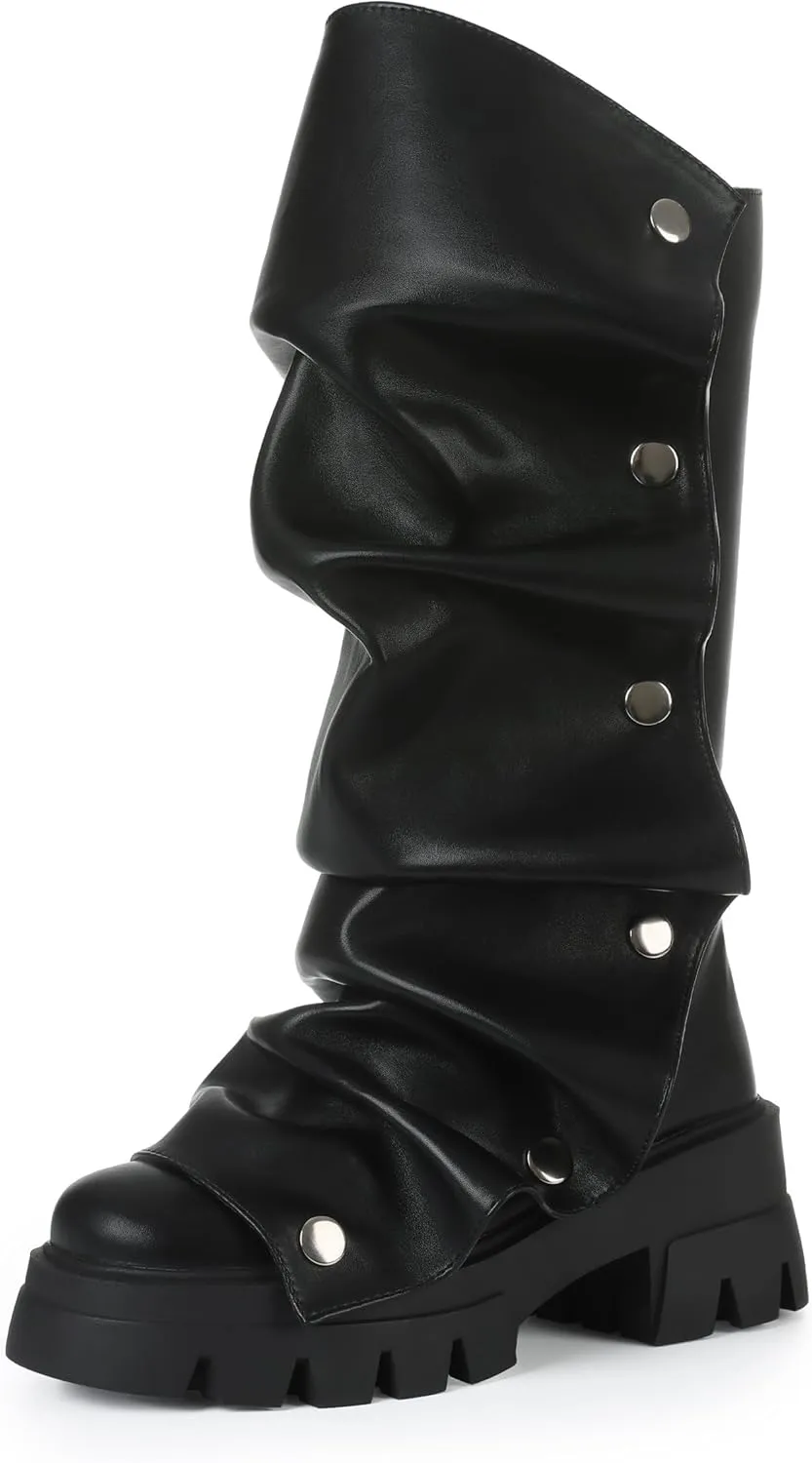 Eteridrey Fold Over Boots for Women Rounded Toe Mid Calf Pull up Platform Chunky Boots for Party Dress