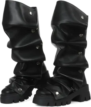 Eteridrey Fold Over Boots for Women Rounded Toe Mid Calf Pull up Platform Chunky Boots for Party Dress